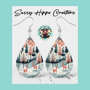 Earrings Deer Forest Christmas Holidays Winter Scene Hand Sublimated Printed